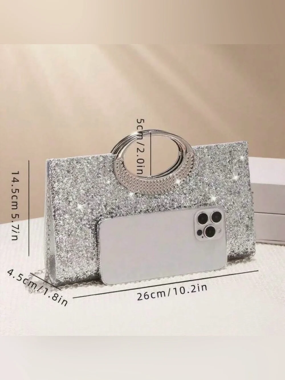 Silver Glitter Evening Clutch with Decorative Handle